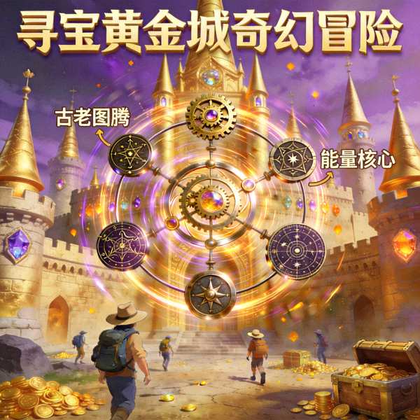 寻宝黄金城奇幻冒险主题与多轴符号旋转展示